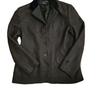 Vintage Lauren Ralph Lauren Sz 14 Black & Gray Wool Plaid 3 Button Suit Jacket